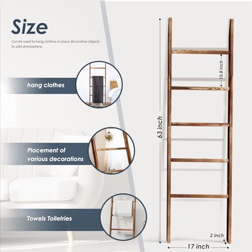 image for Delywh 5-Tier Blanket Ladder Wooden, 5.3FT(63'') Blanket Quilt Holder 