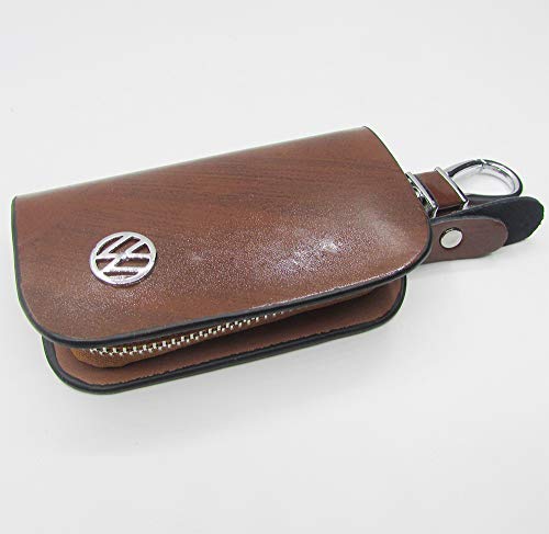Brown Leather Car Key Case Coin Holder Zipper Remote Wallet Key Chain Bag For VW Volkswagen