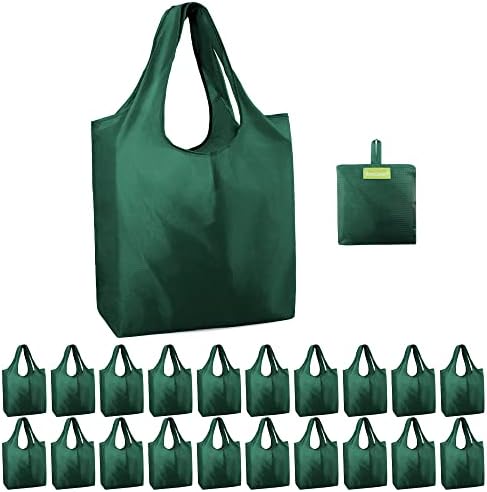 BeeGreen 20 Pack Dark Green Reusable-Grocery-Bags Bulk. DIY Reusable-Shopping-Bags Extra Large for 50LBS heavy-duty Sturdy. Foldable Tote Bags Machine-Washable-Polyester with handles and Inner Pouch