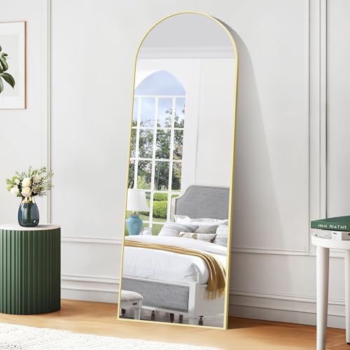 BONEWEI Miroir sur Pied 163 x 53 cm, Grand Miroir Arqué en Pleine Longueur avec Cadre en Aluminium Or, Miroir Mural en Pleine Longueur Convient aux Chambres à Coucher, Entrée, Couloir, Vanité