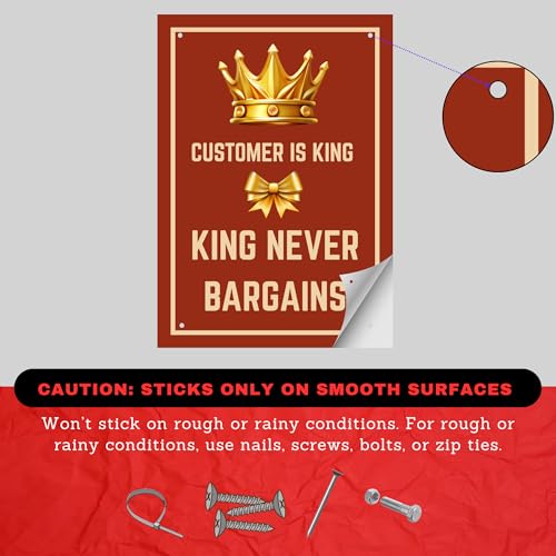 Image of inchCustomer Is King and King Never Bargains inch Sign Sticker Board 29 x 20 CM | Peel & Stick Wall Sign with Corner Holes | Shop, Office, Business Display Sign (Customer is King, A4 - Medium - 1 Piece)
