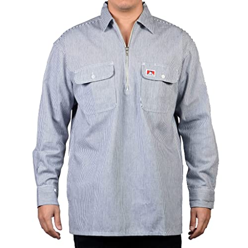 Ben Davis Men's Long Sleeve 100% Cotton Half-Zip Hickory Stripe Work Shirt with 2 Front Pockets