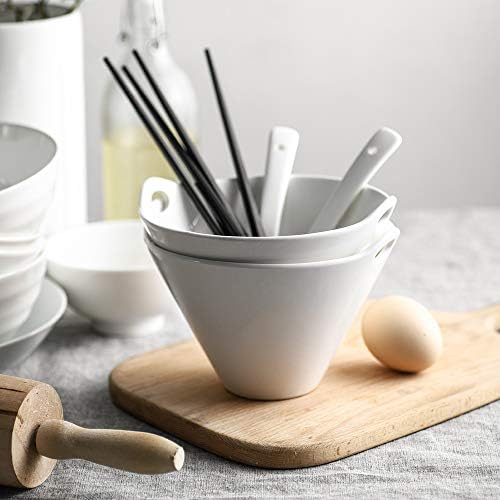 DOWAN Ramen Bowl Set, 600ml Ceramic Soup Bowl, Japanese Ramen Bowl with Chopsticks and Spoon Set, for Soup, Noodles, Pho Bowl and Sushi Bowl, Christamas Gift, Asian Tableware Set, White | Set of 2