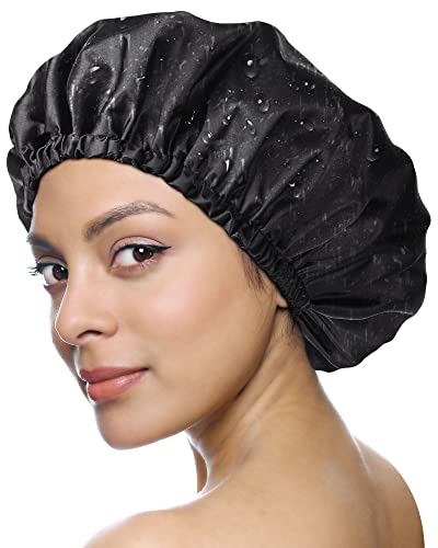 Yanibest Shower Cap For Women - Hair Satin Bonnet Shower Cap For Men Waterproof Extra Large Double Layer Reusable Adjustable For Braids Long Hair (Large,Black) #TOP18