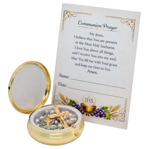 First Holy Communion Keepsake Rosary Box and Rosary | Includes First Eucharist Commemoration Prayer Card | Great Catholic Gift (Gold-Tone)