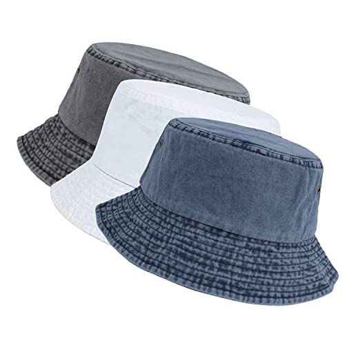 kozinu Crazy Era 3 Pack Washed Cotton Bucket Hats Packable Summer Outdoor Cap Travel Beach Sun Hat Plain Colors for Men Women, Gray-white-navy, One size