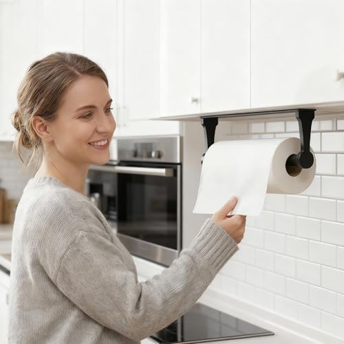 Gewtur Portarrollos Cocina, Portarrollos Papel Cocina Pared, Soporte Rollo Cocina Pared Aluminio, Adhesivo Porta Rollos Papel de Cocina Porta Rollo para Baños y Cocinas, Negro - imagen 2