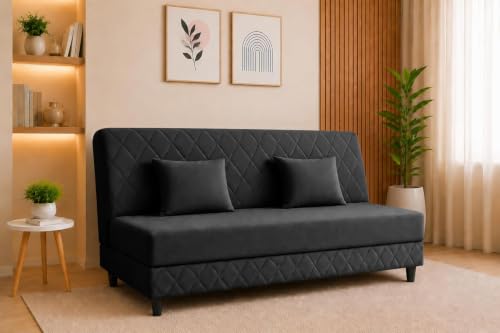 Image of Deco Studio 3 Seater Sofa Bed | Premium Upholstered Velvet Fabric Folding Couch for Living Room, Guest Room & Bedroom | Quilted Backrest with 2 Cushions (Black)