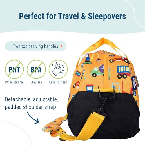 Image of Wildkin Kids Overnighter Duffel Bag - Carry-On Travel Bag for School & Sleepovers, Lightweight, Durable, Boys & Girls Ages 4-15 - Under Construction
