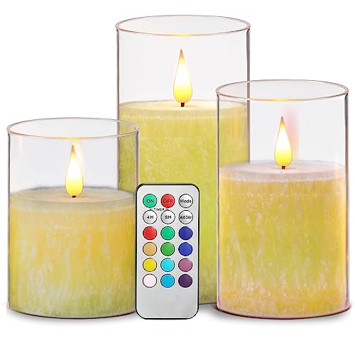 Da by Color Changing Flameless Candle, Battery-Powered LED Pillar Candle, Fake Electric Candle with Remote Control and Timer, Made of Acrylic and Real Wax Set of 3