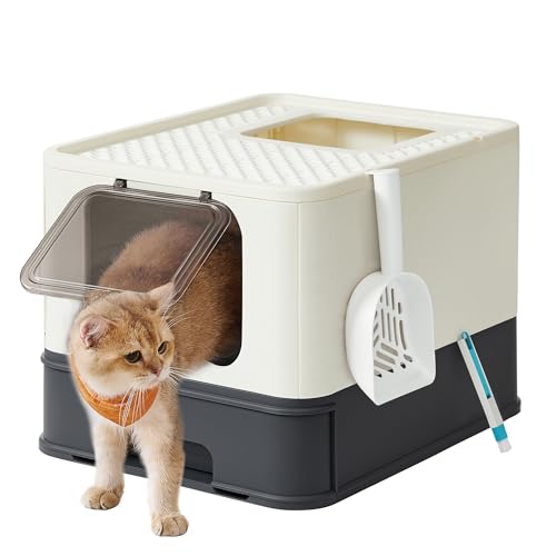 Feandrea Bac à Litière Fermé pour Grand Chat, Maison de Toilette, Plateau Amovible, Pelle, Brosse, Capacité 15 kg, Anti-Traces, Anti-fuites, Beige et Noir...