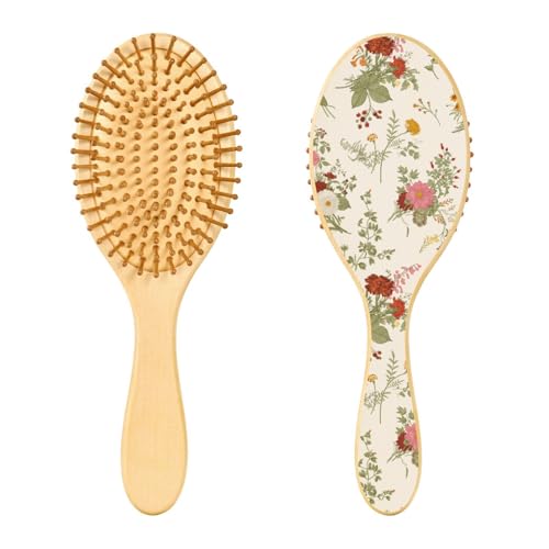 Image of Wooden Hairbrush Vintage Floral Scandinavian Paddle Brush for Fine Hair Wood Hair Brushes for Women Wooden Massage Hair Brush
