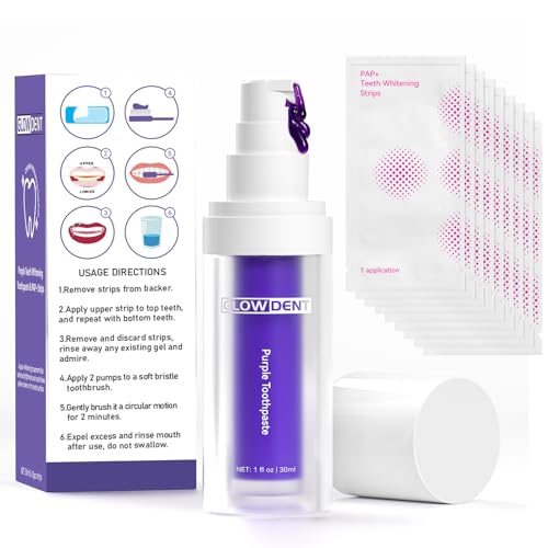 GLOWDENT Purple Toothpaste for Teeth Whitening with 10 Strips, Purple Toothpaste Foam & Strips Set, Teeth Whitening Kit, Color Corrector Purple Toothpaste, Remove Tough Stains, Deep Clean