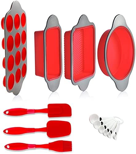 Boxiki Kitchen 13-Piece Non-Stick Silicone Bakeware Set with Cake Pan, Brownie Pan, Loaf Pan, Muffin Mold, Spatulas, Brush, and Measuring Spoons - Oven, Freezer and Dishwasher Safe