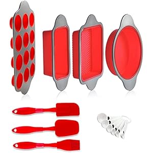 Boxiki Kitchen 13-Piece Non-Stick Silicone Bakeware Set with Cake Pan, Brownie Pan, Loaf Pan, Muffin Mold, Spatulas, Brush, and Measuring Spoons – Oven, Freezer and Dishwasher Safe