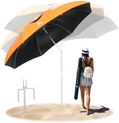 AosKe 7ft Beach Umbrella, Portable Wind Beach Umbrellas for Sand with Anchor and Carrying Bag, UPF50+ UV Protection Outdoor Sunshade Umbrella,Tilt Sun Shelter for Beach Patio Backyard - Orange