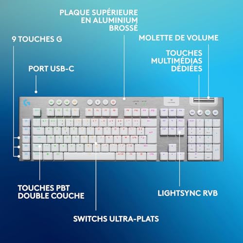 Logitech G G915 X LIGHTSPEED Clavier gaming sans fil ultra-plat, touches PBT double couche, touches entièrement programmables, switchs GL Brown Tactile - PC/Mac, Clavier Français AZERTY - Blanc