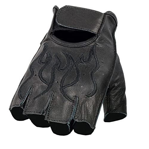 Image of Milwaukee Leather SH198 Men's Black Flame Embroidered Fingerless Gloves with Gel Palm | Padded Comfort; Vibration Relief; Flame Embroidery
