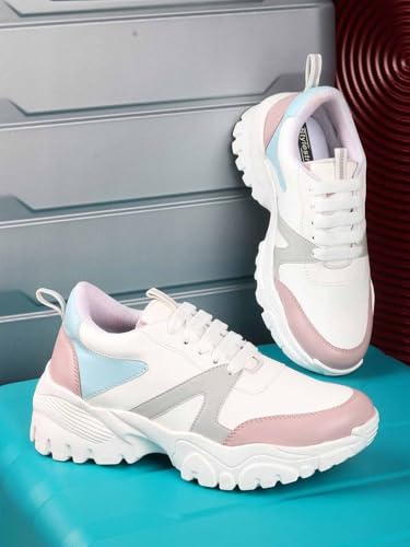 Image of Shoetopia Women's White Chunky Sneakers with Pink & Blue || Accents Casual Lace-Up Sports Shoes for Everyday EU40