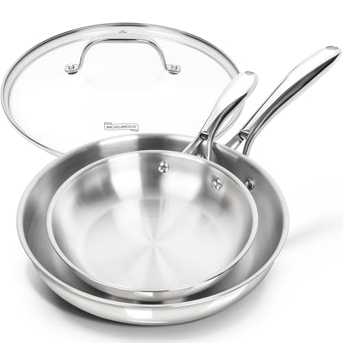 Image of MICHELANGELO Stainless Steel Frying Pan Set, 20cm, 26cm+lid, Triply Base