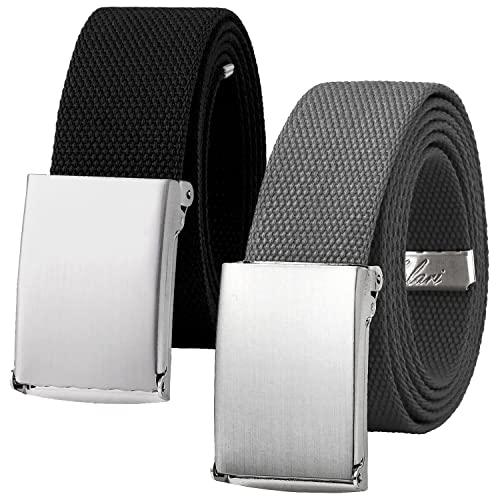 Falari Canvas Web Belt Fully Adjustable Cut to Fit Golf Belt Flip Top Silver Buckle - Black & Dark Grey (2 Pack)