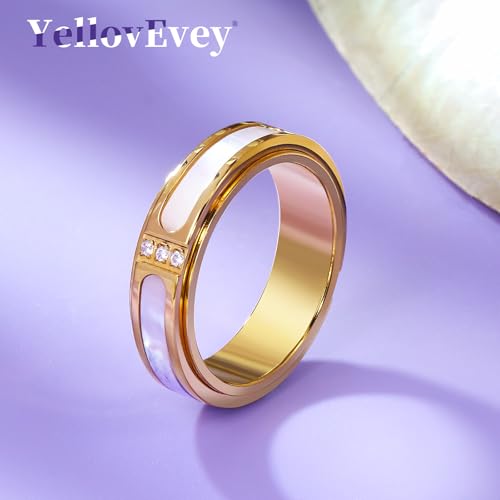 YellovEvey Fidget Spinner Ring for Women:18K Gold Plated Stainless Steel with Mother of Pearl Shell & Cubic Zirconia, Anxiety Relief Spinning Jewelry Gift for Birthday Wedding Engagement Anniversary (CZ Shell Spinner Ring_Gold, Size 7) by YellovEvey - Used condition - Image 6