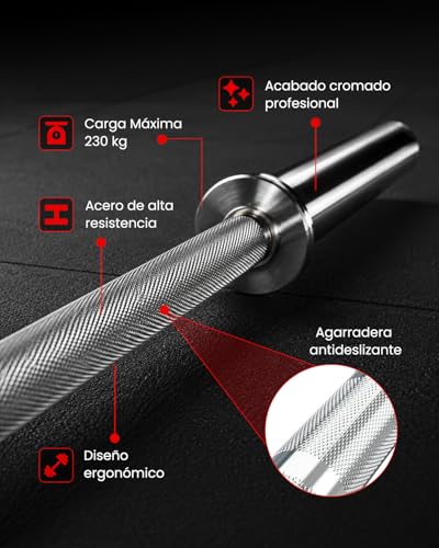 Miniatura 3 de Maniboom Barra Olimpica 20kg 220 Cm Para Discos Y Pesas De Ø50mm - Barra De Musculacion Para Press Banca, Halterofilia Crossfit - Barra Olímpica Carga Máxima De 230kg Para Gimnasio O Casa
