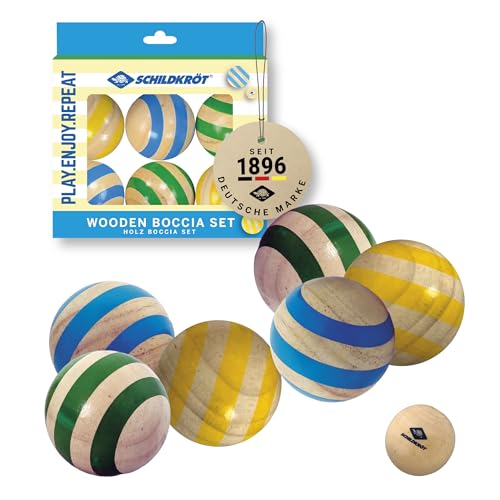 Jeu de pétanque en bois certifié FSC avec 6 boules colorées durables