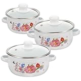 Milisten 3-Teiliges Emaille-Topfset, Doppelgriff-Suppentopf, Flacher Mini-Feuertopf, Tulpenmuster, Weiß, Ideal FüR Zuhause, Kochen Und Servieren