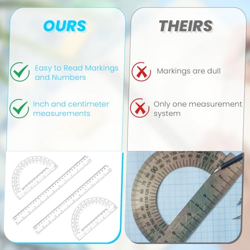 PEOVLVN Pacote com 4 transferidores e conjunto de régua, régua de plástico de 30,5 cm e transferidor