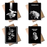 WBdesignz 4er-Set Trauerkarten mit Umschlägen - elegante Schwarz-Weiß-Karten mit Blumenmotiven & Texten - Beileidskarten - Verlust, Trauer, Gedenken, Anteilnahme - stilvolle Kondolenzkarten (DIN A6)