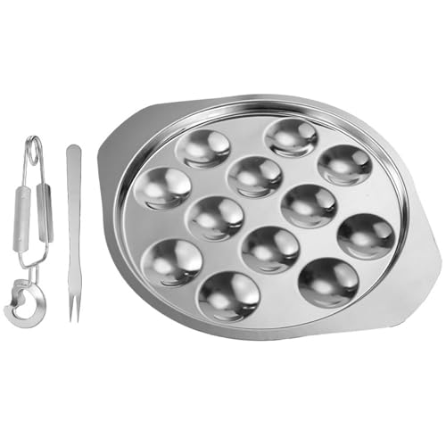 Veesper 3Pcs/Set Escargot Dish with Tong and Fork 12 Grid Stainless Steel Escargot Plate with Handle Round Smooth Escargot Baking Dish for Kitchen Restaurant