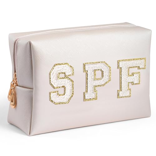 AsodSway Preppy Patch Cosmetic Bag - Summer Gift White SPF Chenille Letter Makeup Bag, PU leather Travel Toiletry Kit Portable Waterproof Make Up Pouch Zipper Clutch, Gifts for Women Girls