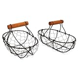 CVHOMEDECO. Chicken Wire Egg Baskets Rust Gathering Baskets with Wooden Handle Country Vintage Style Storage Baskets. Set of 2 (Oval)