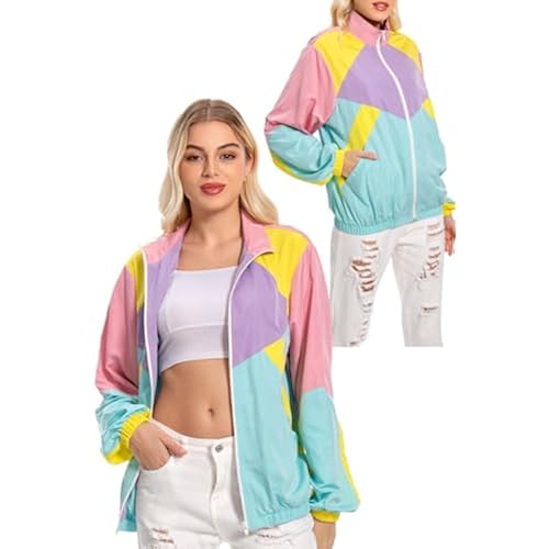 Women's 80s 90s Windbreaker Long Sleeve Neon Jacket Retro Outfit