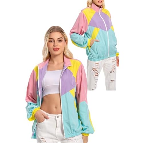 MASSWO Women 80s Sportswear Set Colorblock Sweat Suit Retro Tracksuit Jacket Hip Hop Windbreaker Rave Track Suit