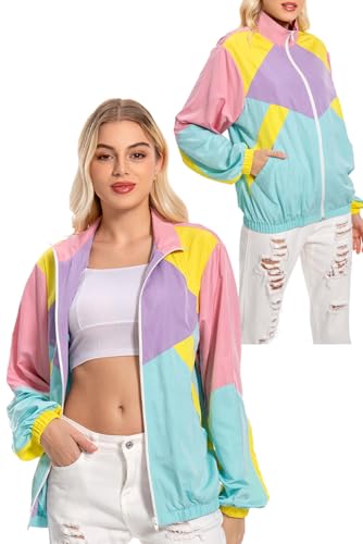 80s Color Block Jacket for Women, Neon Windbreaker Tracksuit Retro Workout Outfit for Themed Party