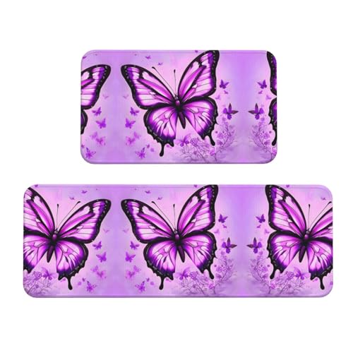 Juego de 2 alfombrillas de cocina con mariposas moradas, pack antideslizante 2