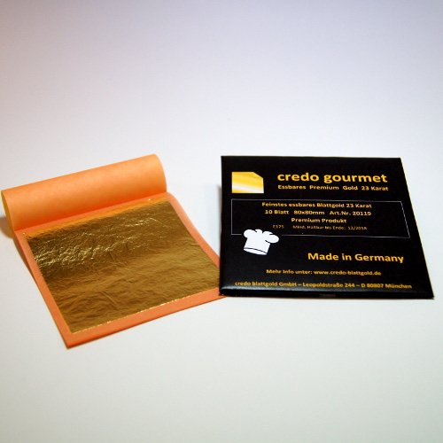 Feines essbares Blattgold 23 Karat - 80 x 80 mm 100 % Deutsche Qualität Menge 50 Blatt