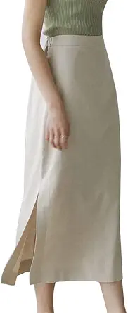 Ylingjun Womens High Waisted Straight Cotton Linen Long Skirt with Slit