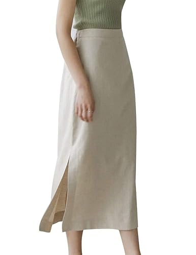 Ylingjun Womens High Waisted Straight Cotton Linen Long Skirt with