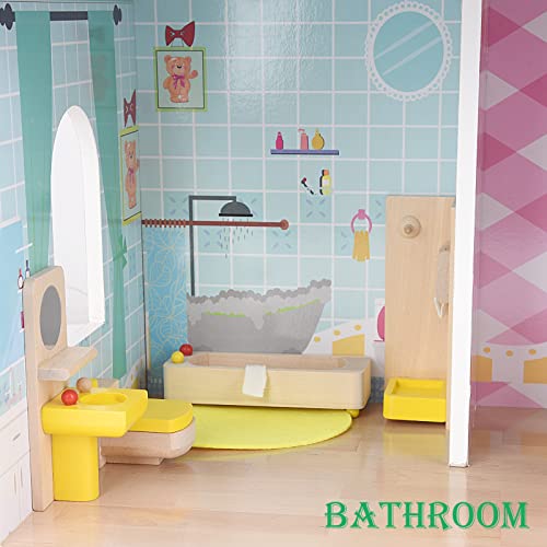 Giraffe 4 Set Colorful Wooden Doll House Furniture, Wood Miniature Bathroom/ Living Room/ Bedroom/ Kitchen House Furniture Dollhouse Doll Decoration Accessories Pretend Play Kids Toy #TOP1