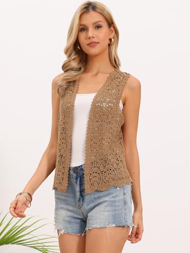 Image of Allegra K Women's Floral Crochet Hollow Out Sleeveless Open Front Boho Vest Cardigan