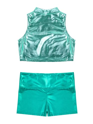 easyforever Kids Girls Metallic Gymnastics Dance Tracksuit With Shorts Dance Leotard 2 Piece Jazz Hip Hop Sport Outfits Blue Green 14 Years4