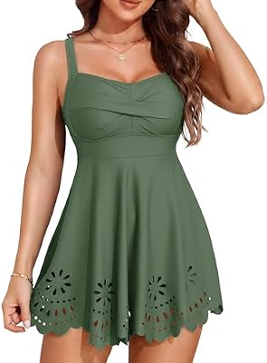 Arolina Women's Full Coverage Swim Dress with Adjustable Strap, Slimming Twist Front Bathing Suit wi...