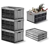 CleverMade Collapsible Storage Bins 46L (3-Pack) – Heavy Duty Collapsible Plastic Storage Bins, Stackable Folding Storage Bins for Car, Garage, Home Organization - Foldable Bins, Stone
