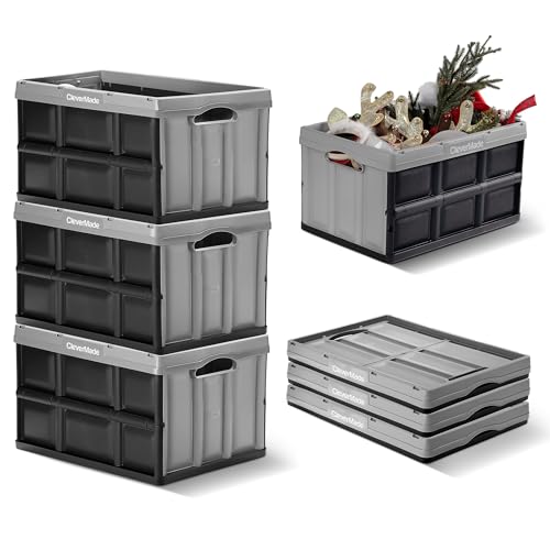CleverMade Collapsible Storage Bins 46L (3-Pack) – Heavy Duty Collapsible Plastic Storage Bins, Stackable Folding Storage Bins for Car, Garage, Home Organization - Foldable Bins, Stone