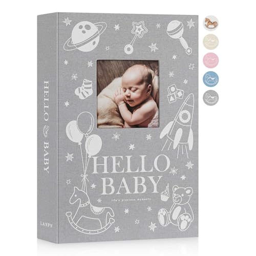 Lanpn Baby Photo Album 6x4 300 Pockets Linen Newborn Bebe Ultrasound Photo Album with Memo Writing Area Cover Photo Book Picture Album for kids Baby Boy Memory Book Keepsake Grey