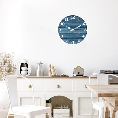 Image of XFM Large Blue Wall Clock Battery Operated 20 Inch Silent | Vintage Farmhouse Rustic Wooden Round Decorative for Kitchen Living Room Bedroom Office Non-Ticking