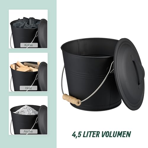Relaxdays Ascheeimer mit Deckel und Kehrset, 4,5 L, inkl. Aschebesen & Kaminschaufel, Aschebehälter mit Henkel, schwarz